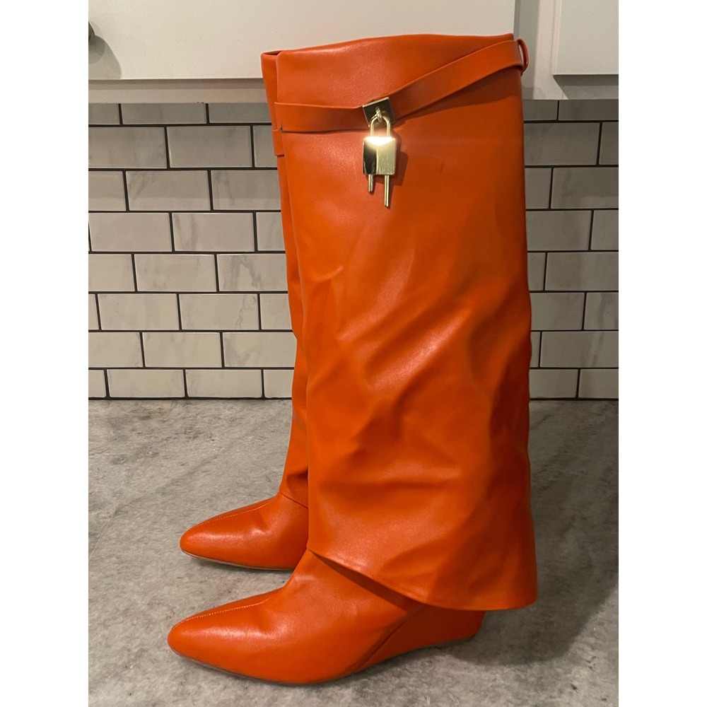Halloween Costume Fold Over Boots Womens 8 Orange Lock Padlock Wedge Knee High